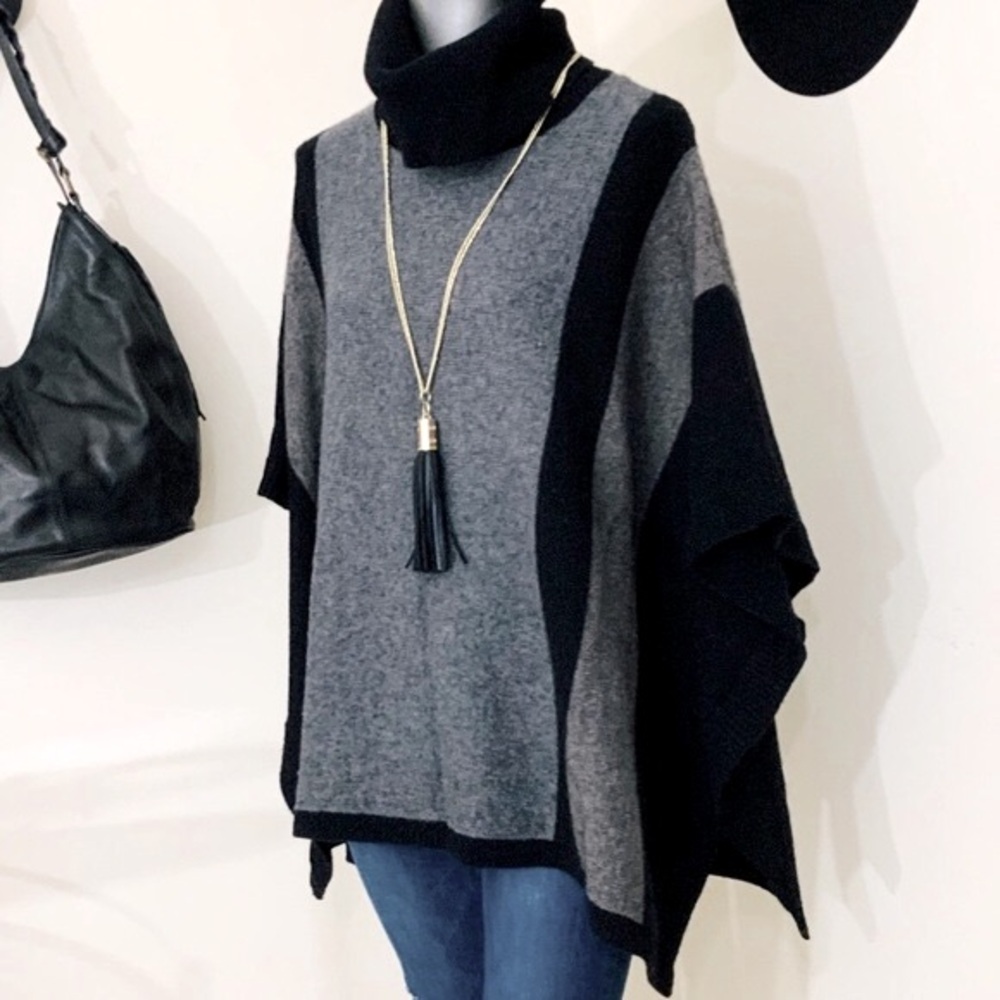 Tahari Wool Color Block Turtleneck Sweater Poncho